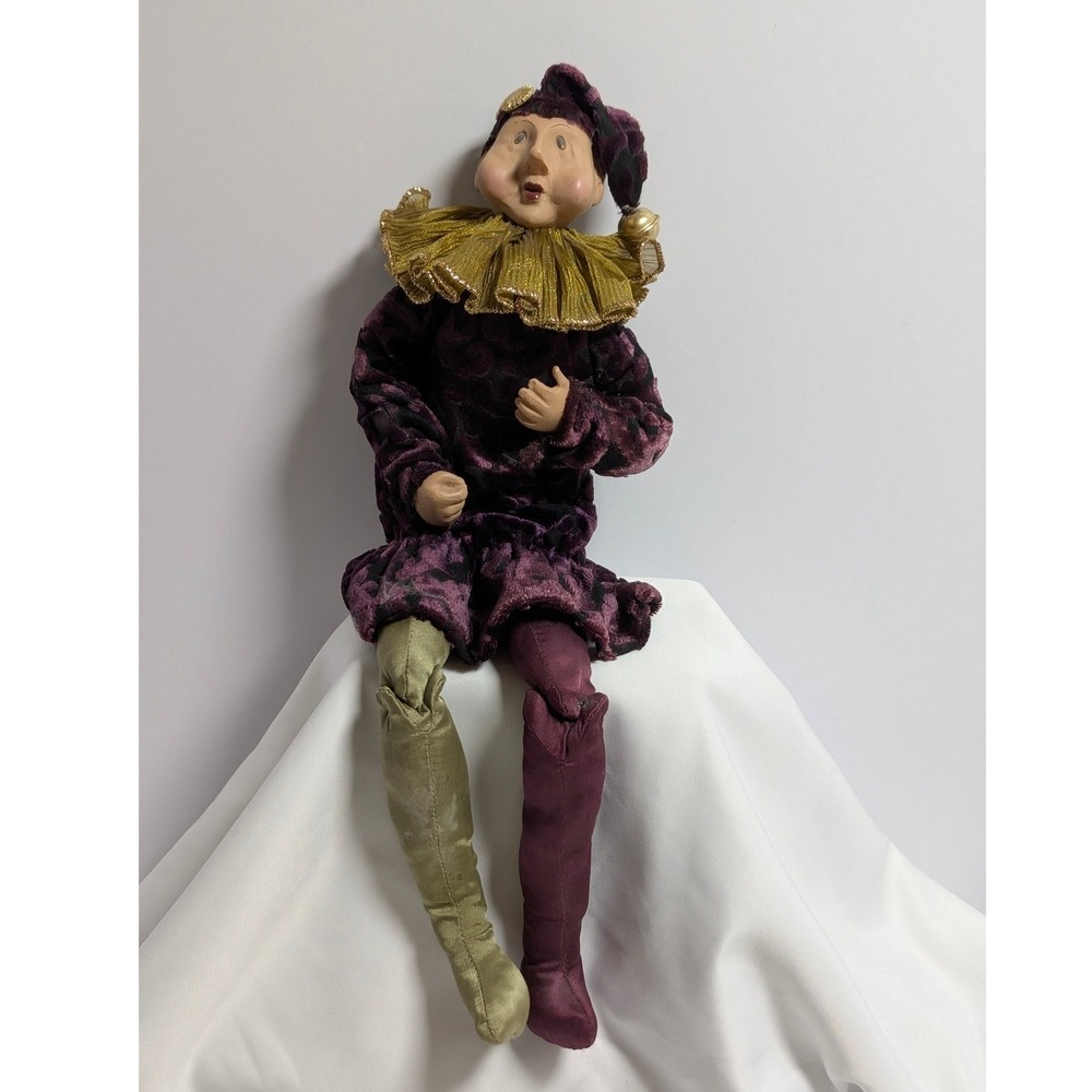 Vintage Jester Court Fool Shelf Sitter Doll Purple Gold Velvet Renaissance Decor